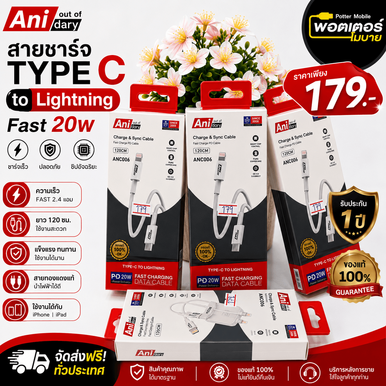 Anidary สายชาร์จlightning 20w