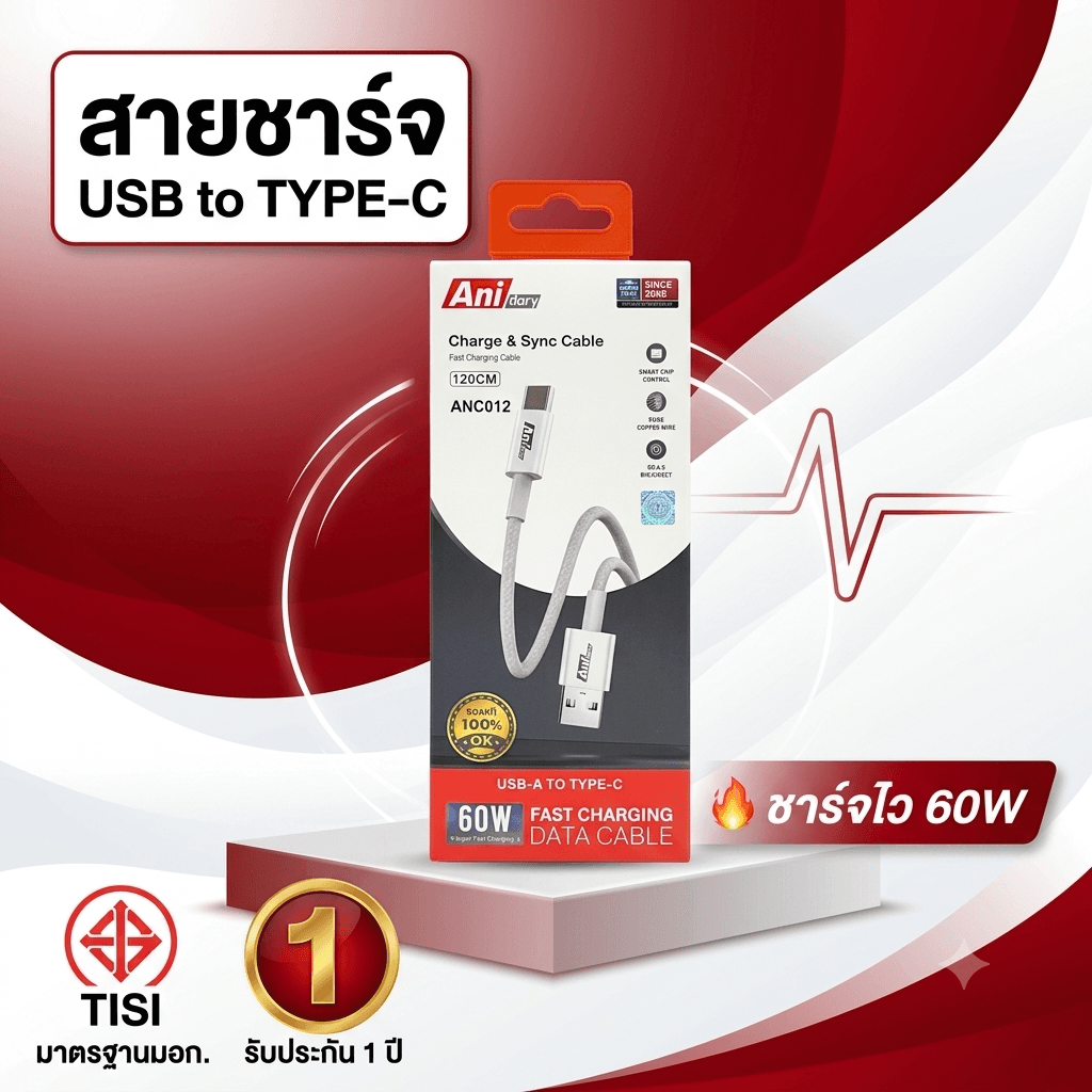 Anidary ANC012 สายชาร์จ USB to type c 60 วัตต์